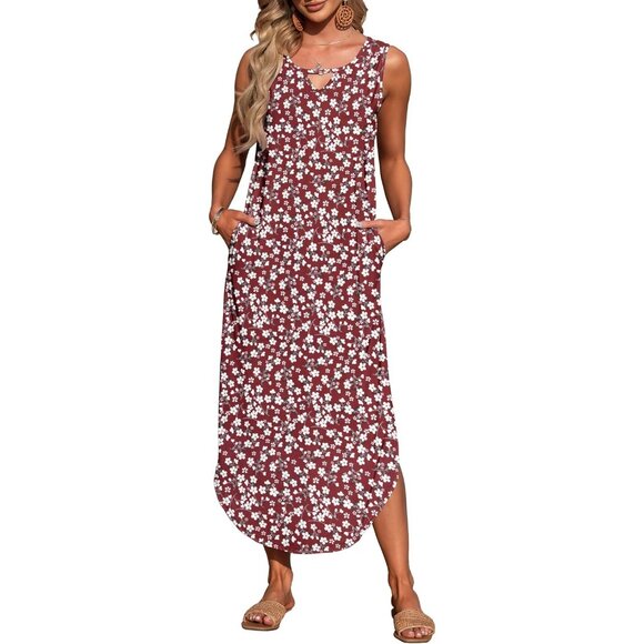🆕 Women Red Summer Maxi Dress Sleeveless Casual Loose Long Beach Split Pocket - Picture 2 of 5